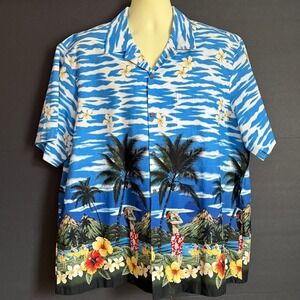 Styled by RJC Men's 2XL Hawaiian Shirt Blue Hula Dancer Palm Trees USA